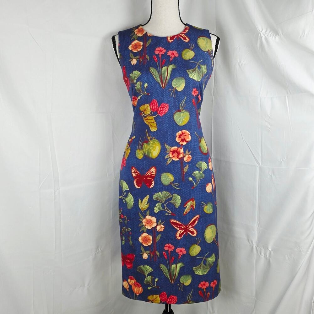 J.McLaughlin Dress Women XS Blue Floral Butterfly Sleeveless Sheath Stretch